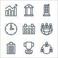 business line icons. linear set. quality vector line set such as meeting, award, clipboard, teamwork, calendar, time, building,