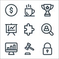 Business line icons. linear set. quality vector line set such as padlock, auction, growth chart, magnifier, puzzle, growth graph, Royalty Free Stock Photo