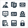business line icons. linear set. quality vector line set such as padlock, calculator, configuration, id card, web development, Royalty Free Stock Photo