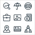 Business line icons. linear set. quality vector line set such as partnership, cit card, locator, coins stack, photo, portfolio,