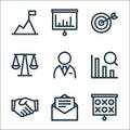 Business line icons. linear set. quality vector line set such as strategy, letter, handshake, analysis, manager, scale, target,