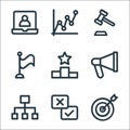 Business line icons. linear set. quality vector line set such as target, checkmark, hierarchy, megaphone, ranking, flag, auction,