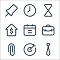 Business line icons. linear set. quality vector line set such as tie, target, attach, bag, calendar, company, hourglass, clock