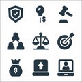 Business line icons. linear set. quality vector line set such as video call, upload file, money bag, target, law, partnership,