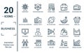 business linear icon set. includes thin line ferris wheels, bar chart dual information, yen currency, work parteners, finances