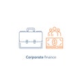 Business loan, company expenses, corporate finance, financial people, share holders, vector line icon