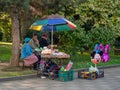 Business of local residents. Mobile stall. Counter on wheels. Women selling toys and popcorn