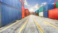 Business and logistics. Cargo transportation and storage. Equipment containers shipping and the traffic road with the yellow line Royalty Free Stock Photo