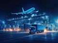 Business logistics and transportation concepts of container trucks, ships in port, and freight cargo planes in transport Royalty Free Stock Photo