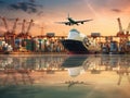 Business logistics and transportation concepts of container trucks, ships in port, and freight cargo planes in transport Royalty Free Stock Photo