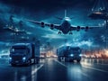 Business logistics and transportation concepts of container trucks, ships in port, and freight cargo planes in transport Royalty Free Stock Photo