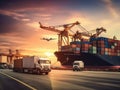 Business logistics and transportation concepts of container trucks, ships in port, and freight cargo planes in transport Royalty Free Stock Photo