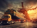 Business logistics and transportation concepts of container trucks, ships in port, and freight cargo planes in transport Royalty Free Stock Photo