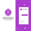 Business Logo for fast, speed, stopwatch, timer, girl. Vertical Purple Business / Visiting Card template. Creative background Royalty Free Stock Photo