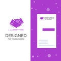 Business Logo for handshake, hand shake, shaking hand, Agreement, business. Vertical Purple Business / Visiting Card template. Royalty Free Stock Photo