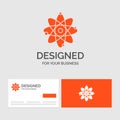 Business logo template for atom, nuclear, molecule, chemistry, science. Orange Visiting Cards with Brand logo template