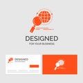 Business logo template for global, globe, magnifier, research, world. Orange Visiting Cards with Brand logo template