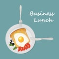 Business lunch concept. Plate with scrambled eggs, toast Royalty Free Stock Photo