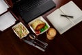 Business lunch on the desktop of your computer