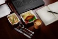 Business lunch on the desktop of your computer
