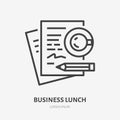 Business lunch flat line icon. Signing documents, coffee vector illustration. Thin sign of journalist taking notes