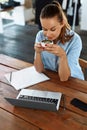 Business Lunch. Healthy Smiling Woman Eating Soup, Working On Computer Royalty Free Stock Photo