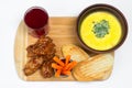 Business lunch with soup, carrots, chicken nuggets, croutons Royalty Free Stock Photo