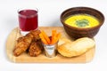 Business lunch with soup, carrots, chicken nuggets, croutons Royalty Free Stock Photo