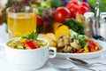 Business lunch with soup, salad and juice Royalty Free Stock Photo