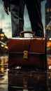 Business magnate gripping classic briefcase, a symbol of corporate prowess