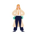 Business male in suit stand with full of money pockets vector flat illustration. Corruption man demonstrate wealth