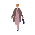 Business male in trendy suit carrying briefcase and umbrella vector flat illustration. Businessman in coat walking or Royalty Free Stock Photo