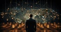 Business Man back with dark color suit looking his network of golden spheres in front of a dark world map view - AI generated