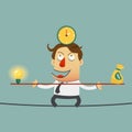 Business man balancing on the wire with ideas money and time. cartoon character.