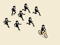 Business man biking bicycle is ahead of the group of business man those are running follow Royalty Free Stock Photo
