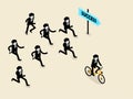 business man biking bicycle is ahead of the group of business man those are running follow Royalty Free Stock Photo