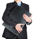 Business man in black suit hand holding briefcase Royalty Free Stock Photo