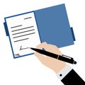 A business man in black suit signed the blue file document with luxury fountain pen, vector and illustrator Royalty Free Stock Photo