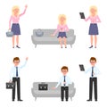 Business man, blonde woman vector. Standing side view, waving, using tablet, sitting on sofa, waiting office boy, girl people Royalty Free Stock Photo