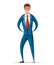 Business man in blue formal wear. Cartoon character design. Flat illustration isolated on white background