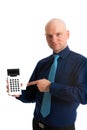 Business man in blue shirt pointing to a pocket calculator Royalty Free Stock Photo