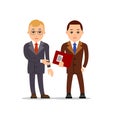 Business man. The boss presents his assistant. Second businessman standing and holds a folder of documents. Illustration isolated