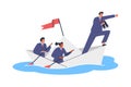 Business man boss with team sailing on paper origami boat, looks forward through binoculars, vector leadership in crisis Royalty Free Stock Photo