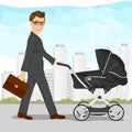 Business man with briefcase pushing pram, baby carriage or stroller