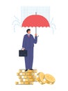 Businessman stands on coins under umbrella in the rain, success protection strategy in crisis storm vector illustration Royalty Free Stock Photo