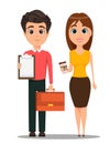 Business man and business woman cartoon characters. Young smiling people in smart casual clothes.