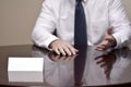 Business Man Businessman at Desk with Papers and Card Making Han