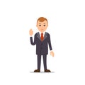 Business man. Businessman stand and one hand is raised, the other is lowered. Dark suit, shirt and tie. Illustration in flat