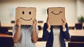 Business man and businesswoman covering face with cardboard box showing happy and sad face. Generative AI