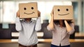 Business man and businesswoman covering face with cardboard box showing happy and sad face. Generative AI